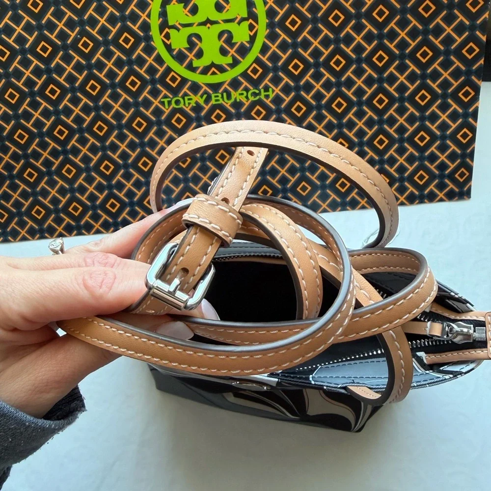 Tory Burch Nylon Printed Mini Tote Bag Crossbody Bag Black Twisty Flower Ella